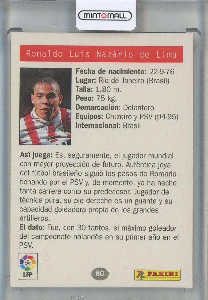 1996 Panini Estrellas Europeas Ronaldo Nazario rookie card #80 PSV with minor stain on back