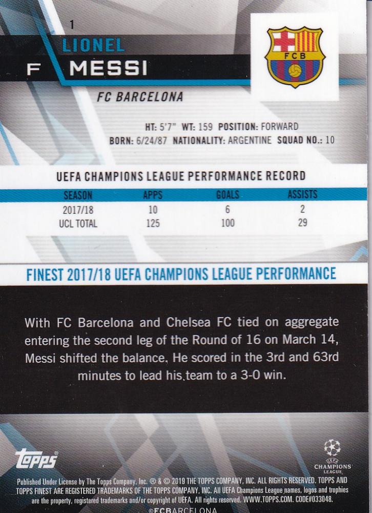 2018-19 Topps Finest UEFA Champions League FC Barcelona Lionel Messi base refractor parallel trading card