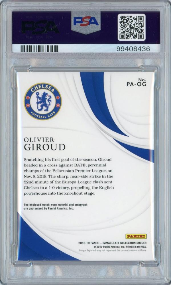 2018-19 PANINI Immaculate Collection Olivier Giroud Chelsea FC Patch Autograph Soccer Card PSA6