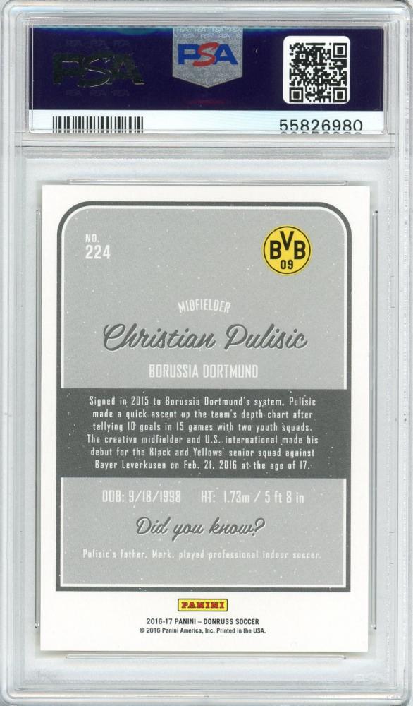 2016 PANINI Donruss Christian Pulisic Gold #224 card graded DDPSA9 featuring Borussia Dortmund
