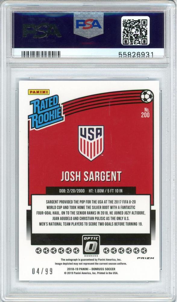 2018-19 PANINI Donruss Optic Josh Sargent Autograph Blue card #200 graded PSA9