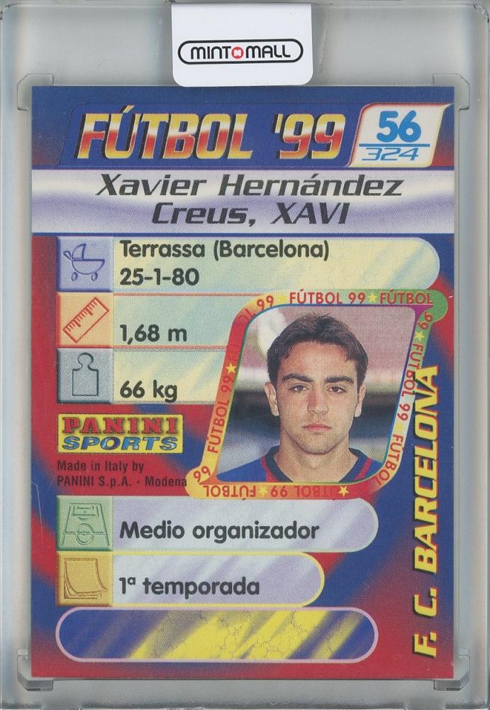 1998 Panini Futbol Xavi Hernandez rookie card with FC Barcelona logo and minor stain on back