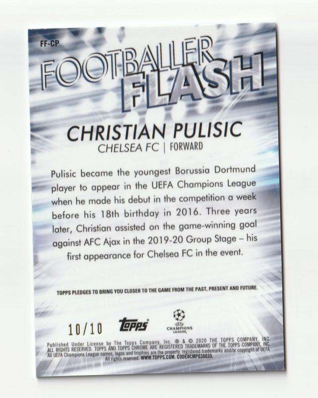 2019-20 TOPPS Chrome UEFA Champions League Red Parallel football card featuring Christian Pulisic 10 out of 10