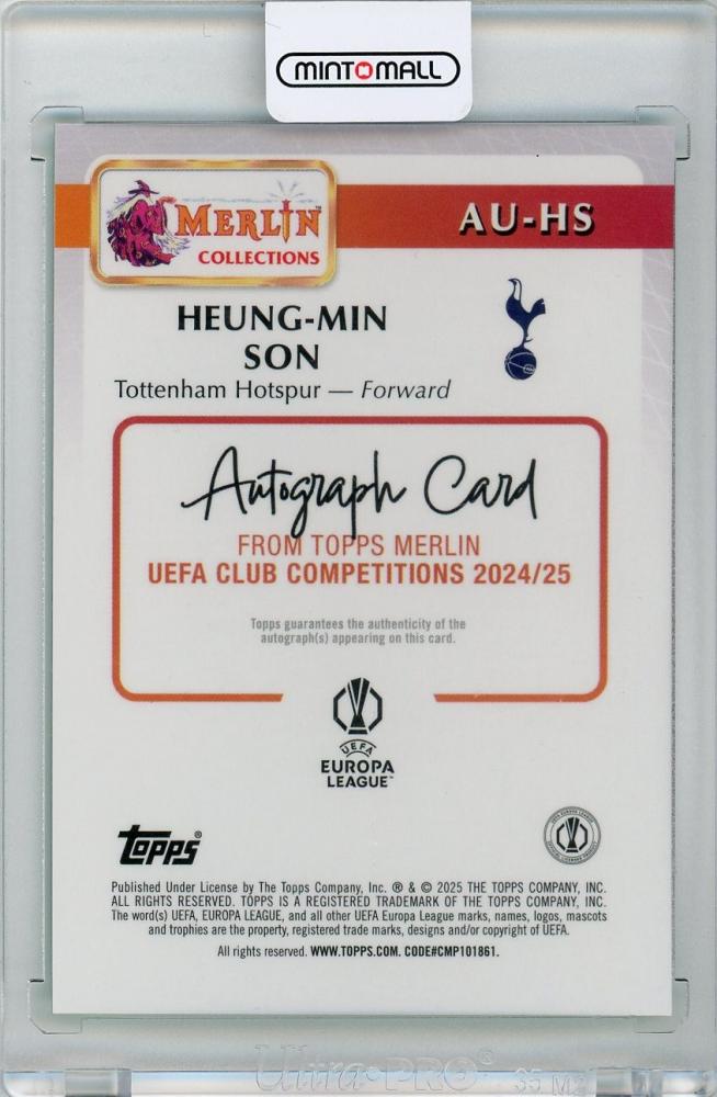 2024-25 Topps Merlin UEFA Club Competitions Heung-min Son Autographs Aqua Refractor card numbered 18 of 75 from Tottenham Hotspur
