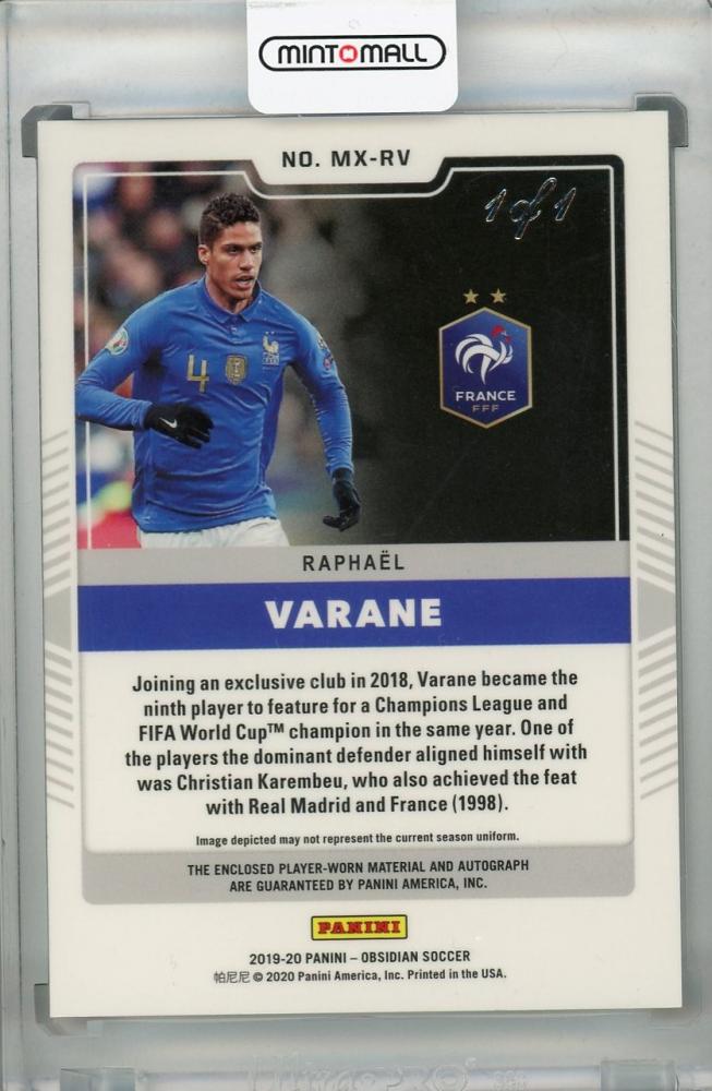 2019-20 Panini Obsidian Raphael Varane Matrix Material Autos Blue Finite France 1 of 1 trading card