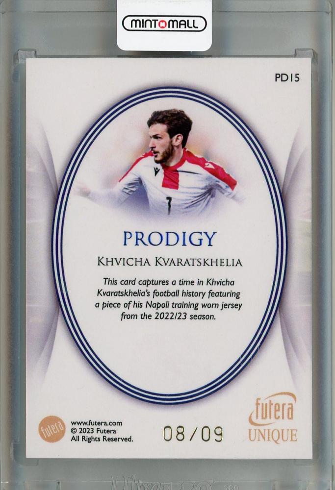 2023-24 Futera Unique World Football Khvicha Kvaratskhelia Prodigy Relics Sapphire collectible card number 08 out of 09