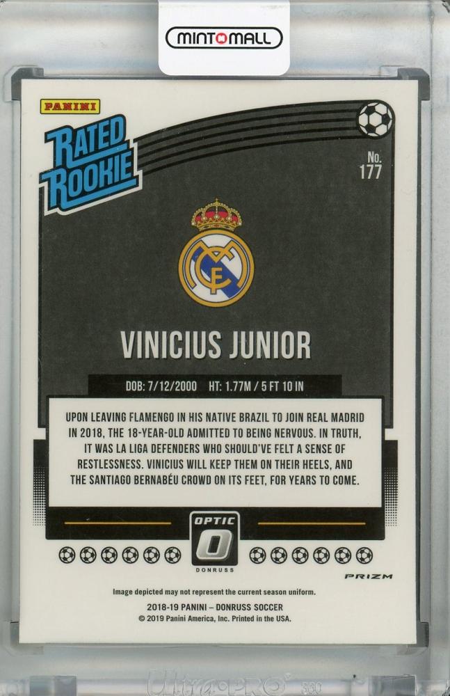 2018-19 Panini Donruss Real Madrid CF Vinicius Junior Base Optic Holo basketball card with minor stain on back