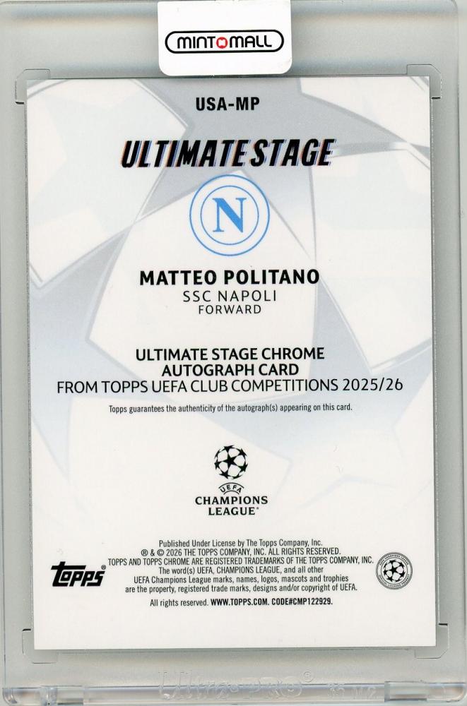 2025-26 Topps UEFA Club Competitions Matteo Politano Ultimate Stage Chrome Autograph card from SSC Napoli