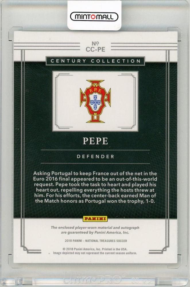 2018 Panini National Treasures Pepe Century Collection Material Autograph card numbered 34 of 99 featuring Portugal