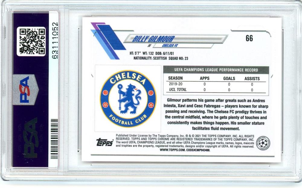 2020-21 Topps Chrome UEFA Champions League Billy Gilmour Chelsea FC Red Carbon Fiber PSA 9 Rookie Card