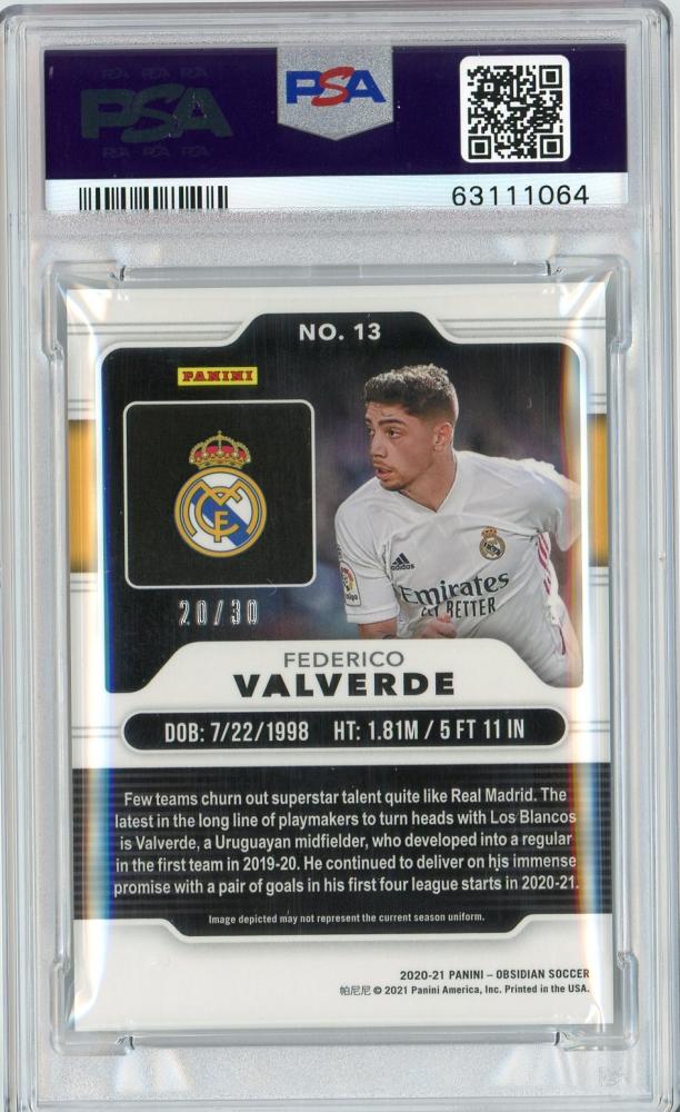 2020-21 Panini Obsidian Real Madrid Federico Valverde Base Blue PSA 8 Rookie Card Parallel 20 of 30