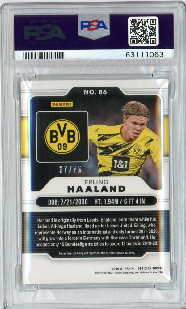 2020-21 Panini Obsidian Erling Haaland Borussia Dortmund Base Purple PSA 8 Rookie Card Parallel 37 of 75