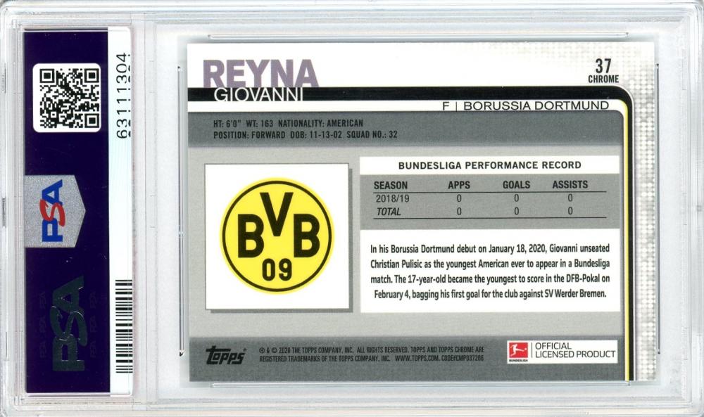 2019-20 Topps Chrome Bundesliga Borussia Dortmund Giovanni Reyna Base rookie card graded PSA 9