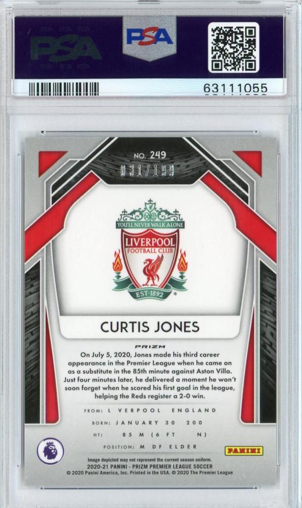 2020-21 Panini Prizm Premier League Liverpool FC Curtis Jones Base Blue PSA 10 rookie parallel card 031 of 199