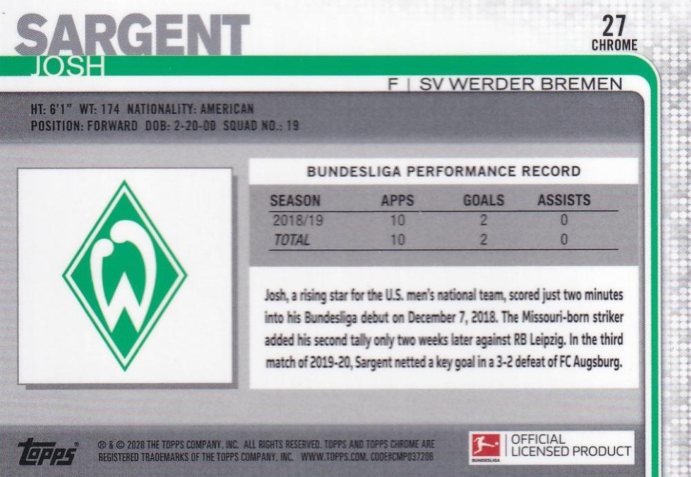 2019-20 Topps Chrome Bundesliga Josh Sargent base trading card featuring Werder Bremen