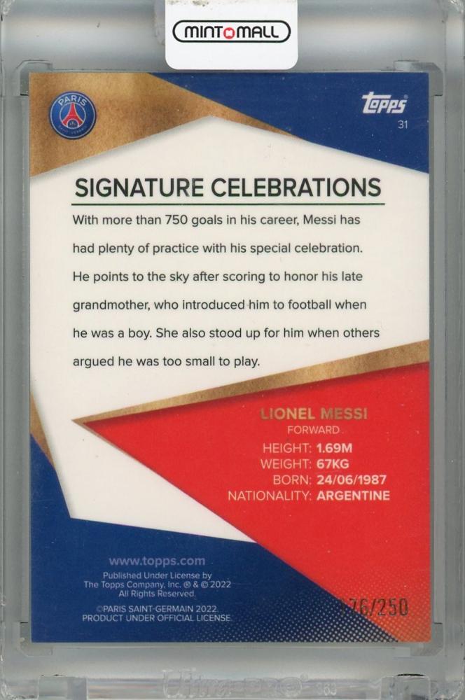 2021-22 Topps PSG Team Set Lionel Messi Signature Celebrations Rainbow Foil card number 31 with minor stain
