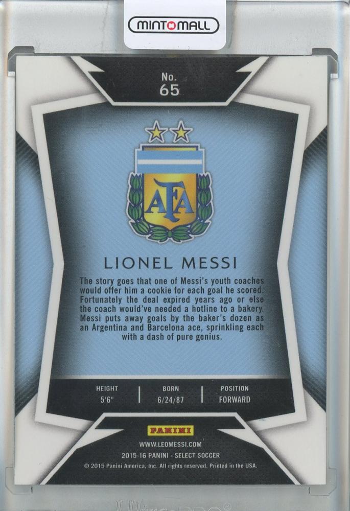2015-16 Select Lionel Messi #65 Argentina soccer trading card featuring Lionel Messi