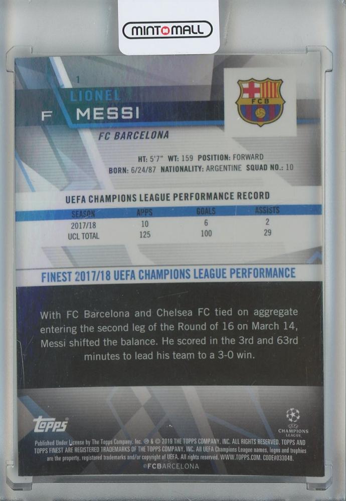 2018-19 Finest UEFA Champions League Lionel Messi #1 trading card from FC Barcelona