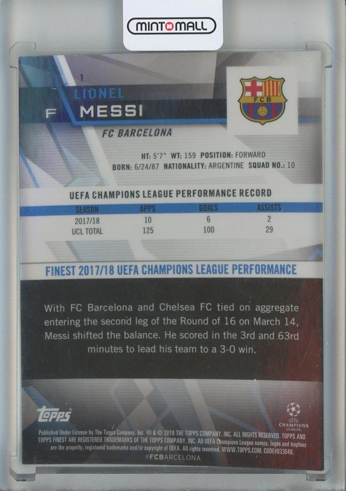 2018-19 Finest UEFA Champions League Lionel Messi #1 trading card from FC Barcelona