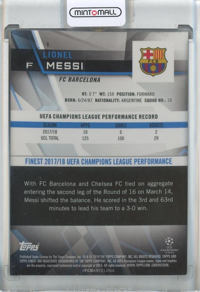 2018-19 Finest UEFA Champions League Lionel Messi trading card FC Barcelona #1