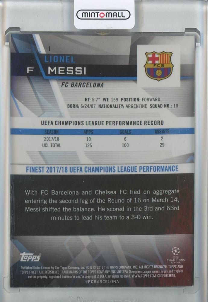 2018-19 Finest UEFA Champions League Lionel Messi #1 trading card featuring FC Barcelona