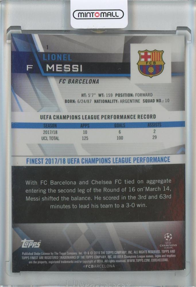 2018-19 Finest UEFA Champions League Lionel Messi #1 trading card featuring FC Barcelona
