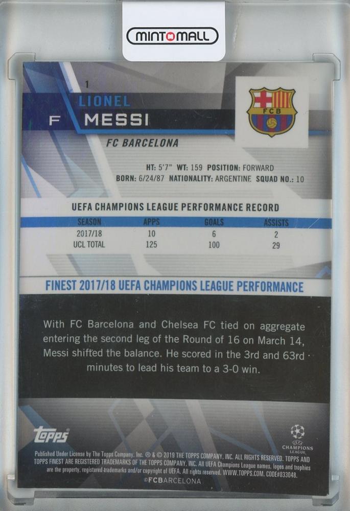 2018-19 Finest UEFA Champions League Lionel Messi #1 trading card from FC Barcelona