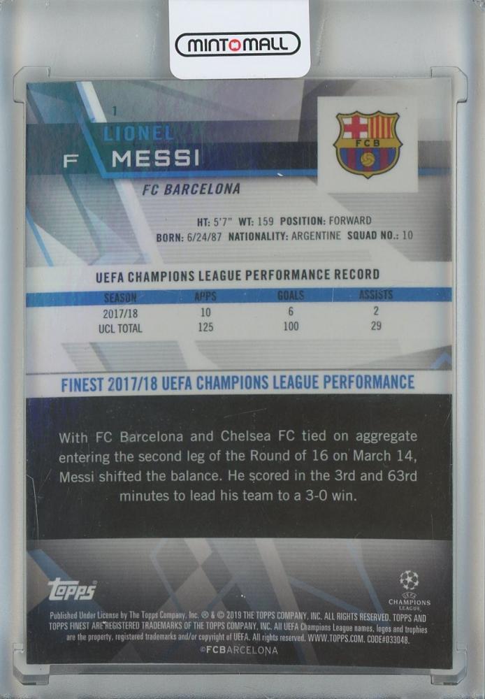 2018-19 Finest UEFA Champions League Lionel Messi #1 trading card from FC Barcelona