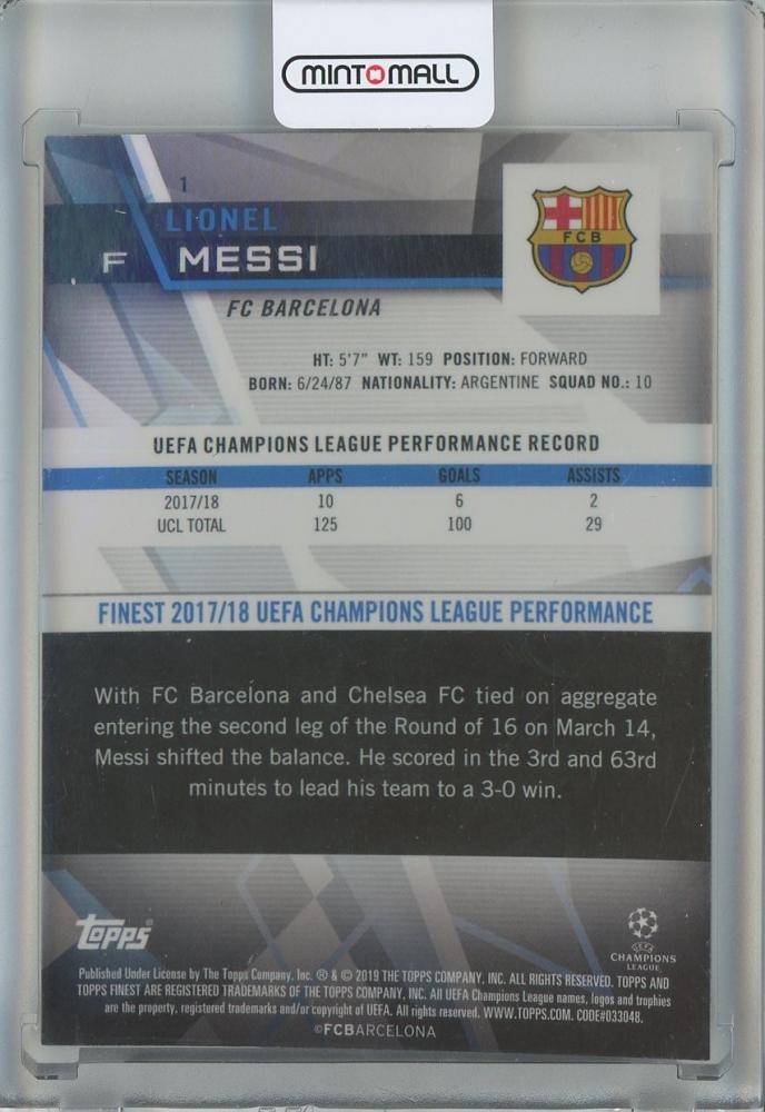 2018-19 Finest UEFA Champions League Lionel Messi #1 trading card featuring FC Barcelona