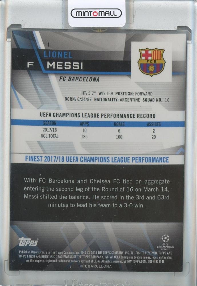 2018-19 Finest UEFA Champions League Lionel Messi #1 soccer trading card from FC Barcelona