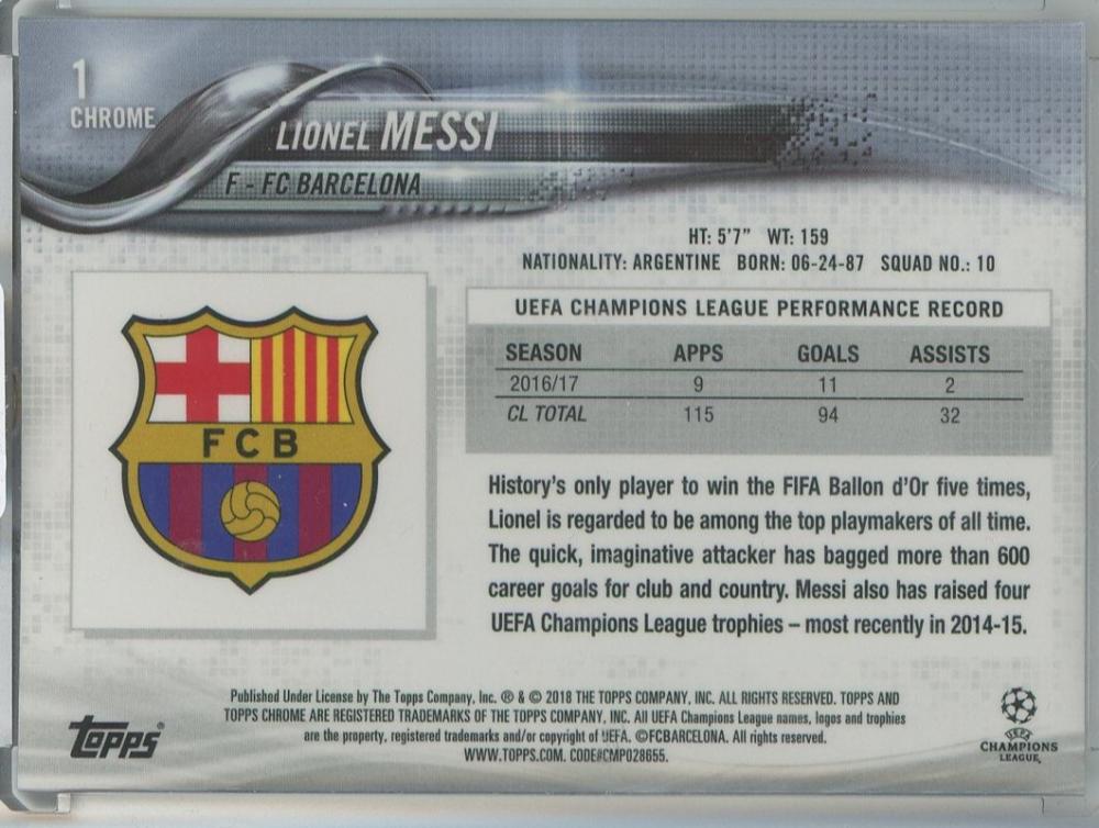 2017-18 Topps Chrome UEFA Champions League Lionel Messi trading card with FC Barcelona design number 1
