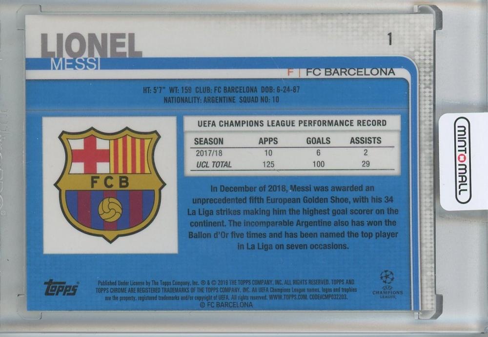 2018-19 Topps Chrome UEFA Champions League Lionel Messi trading card featuring FC Barcelona