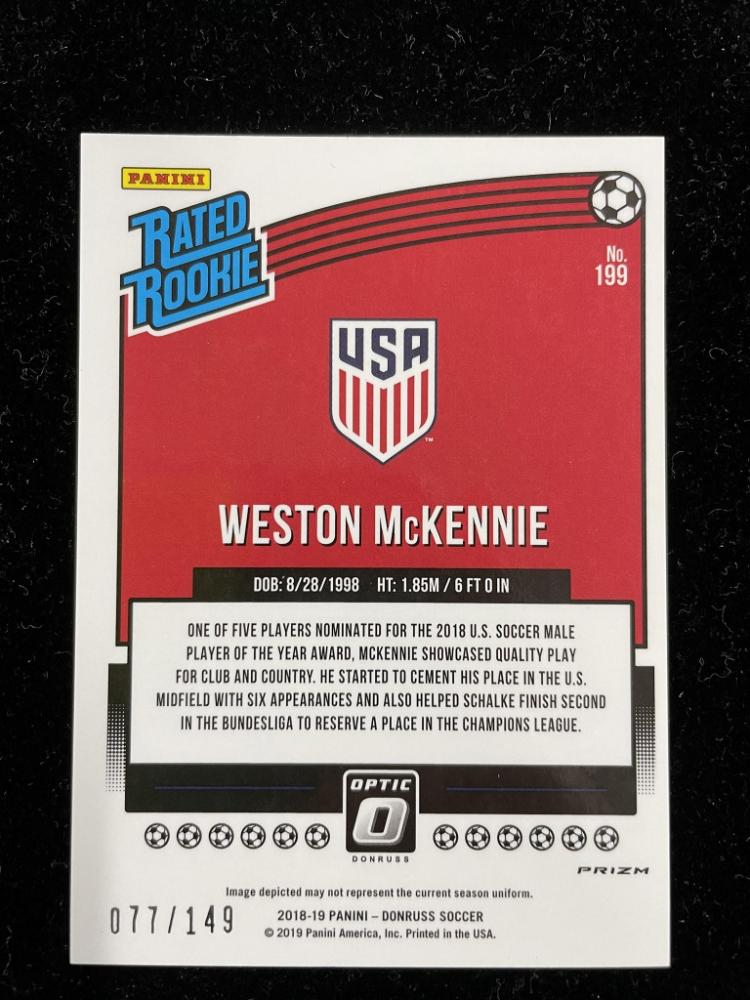 2018-19 Donruss Weston McKennie Base Rated Rookie Aqua Parallel trading card 077 of 149