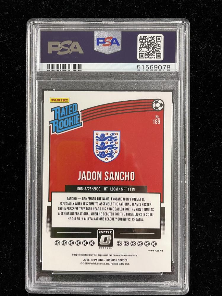 2018-19 Donruss England Jadon Sancho Base Optic Holo parallel trading card with minor stain on back