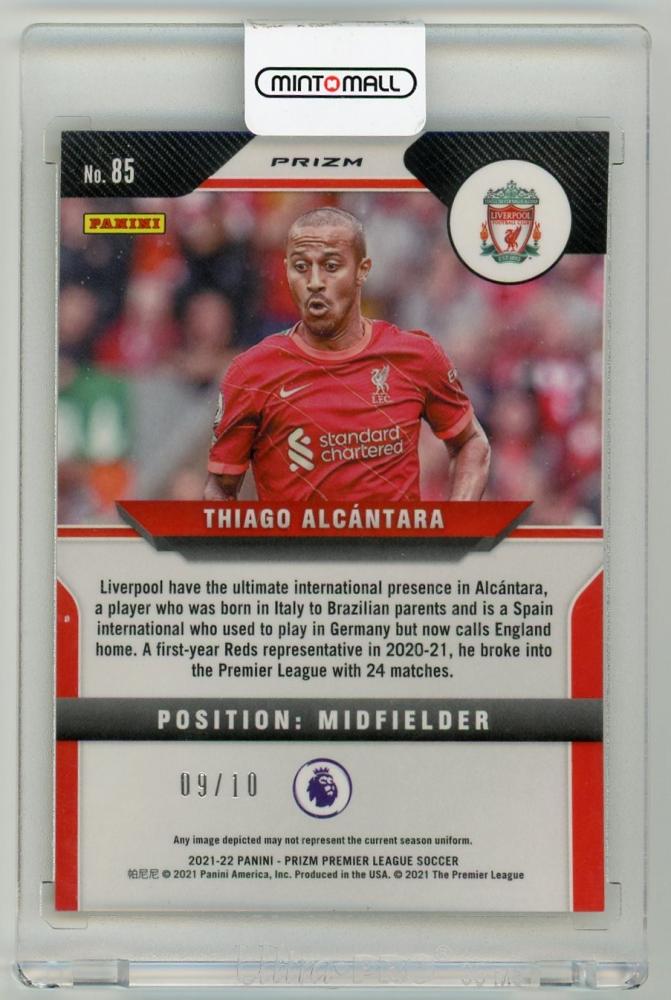 2021-22 PANINI Prizm Premier League Gold Prizm Parallel trading card of Thiago Alcantara Liverpool FC