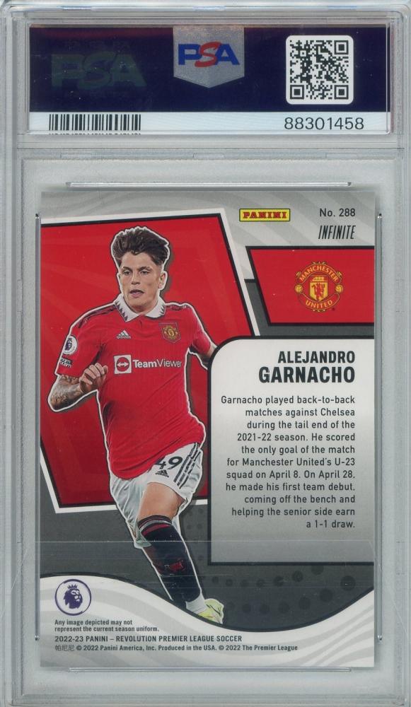 2022-23 Panini Revolution Premier League Alejandro Garnacho rookie card graded PSA10 featuring Manchester United