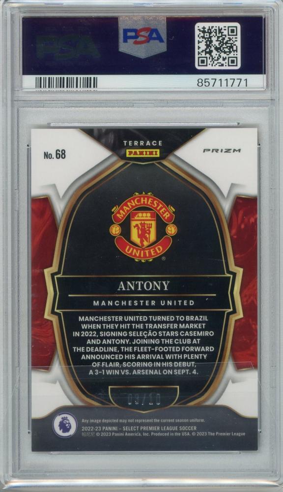 2022-23 Panini Select Premier League Antony Manchester United trading card graded 10 PSA