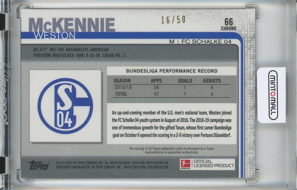 2019-20 Topps Chrome Bundesliga Weston McKennie Base Autographs Gold #66 soccer card numbered 16 of 50