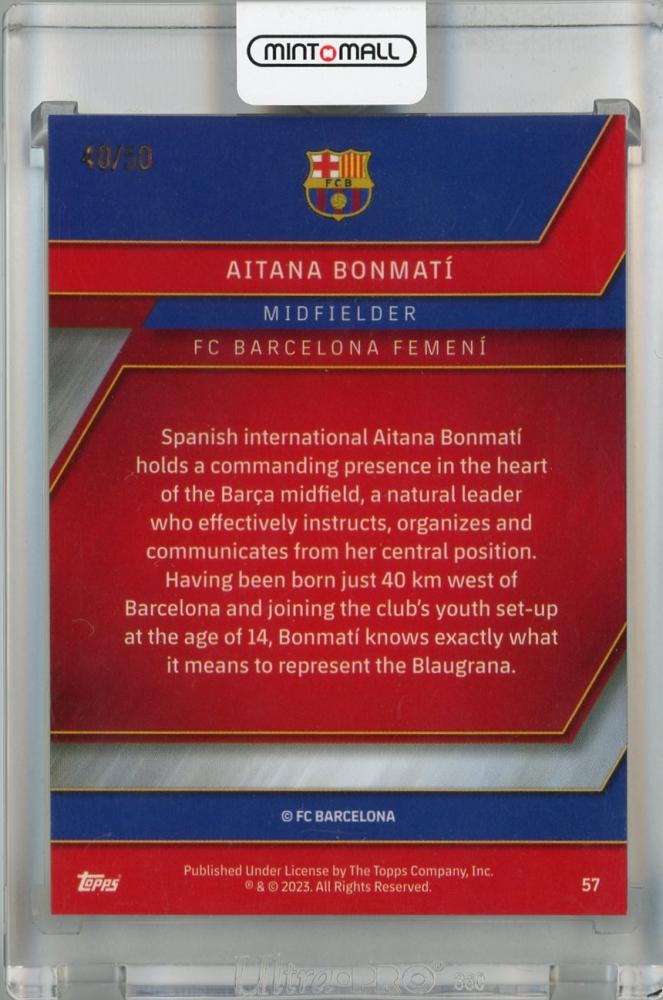 2022-23 Topps Chrome FC Barcelona Aitana Bonmati Gold #57 trading card with minor stain on back