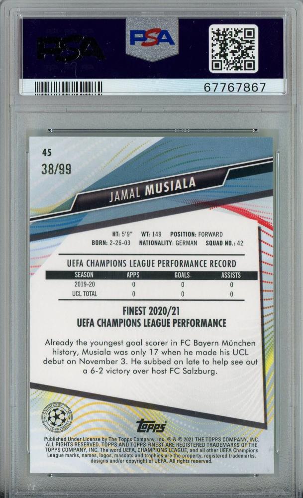 2020-21 Topps Finest UEFA Champions League Jamal Musiala rookie card Green Refractors graded PSA9 Bayern Munchen