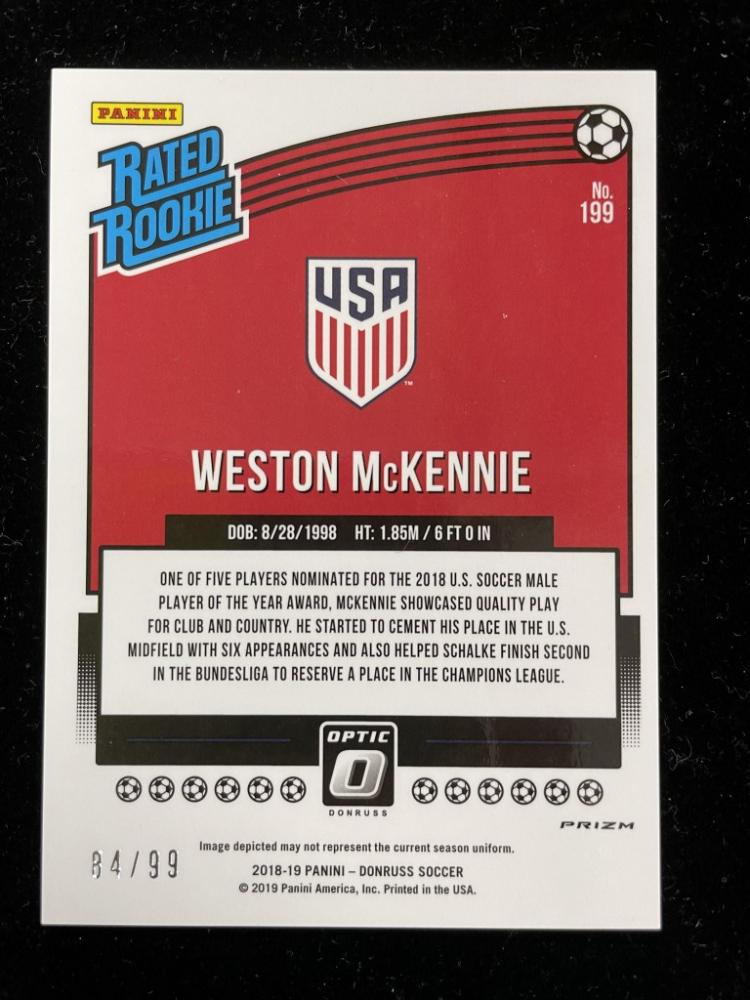 2018-19 Donruss Soccer card featuring Weston McKennie in United States uniform Base Optic Orange 84/99