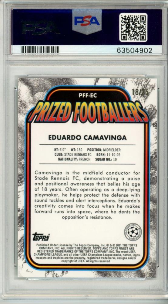 2020-21 Topps Finest UEFA Champions League Eduardo Camavinga Prized Footballers Green-Red Fusion trading card graded PSA10