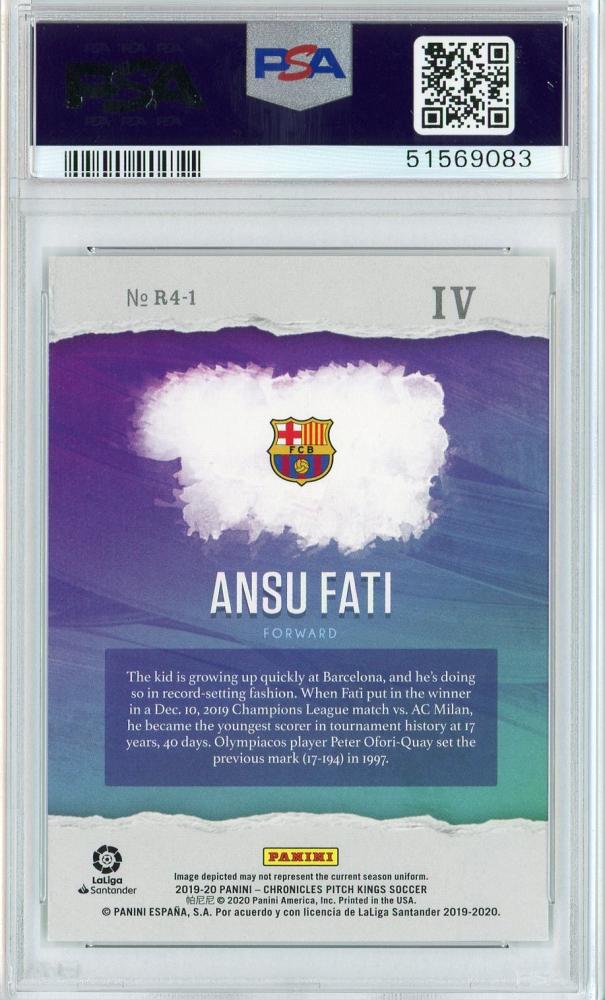 2019-20 Panini Chronicles Ansu Fati Pitch Kings Rookies IV FC Barcelona PSA 8 graded trading card