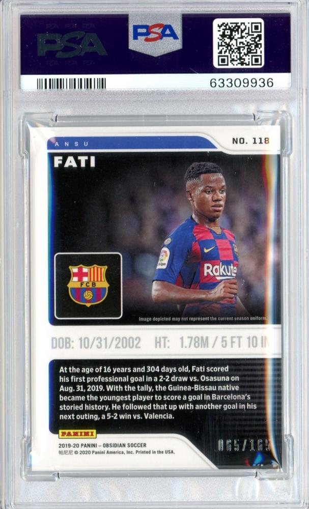 2019-20 Panini Obsidian FC Barcelona Ansu Fati rookie card PSA 9 graded 065 of 165