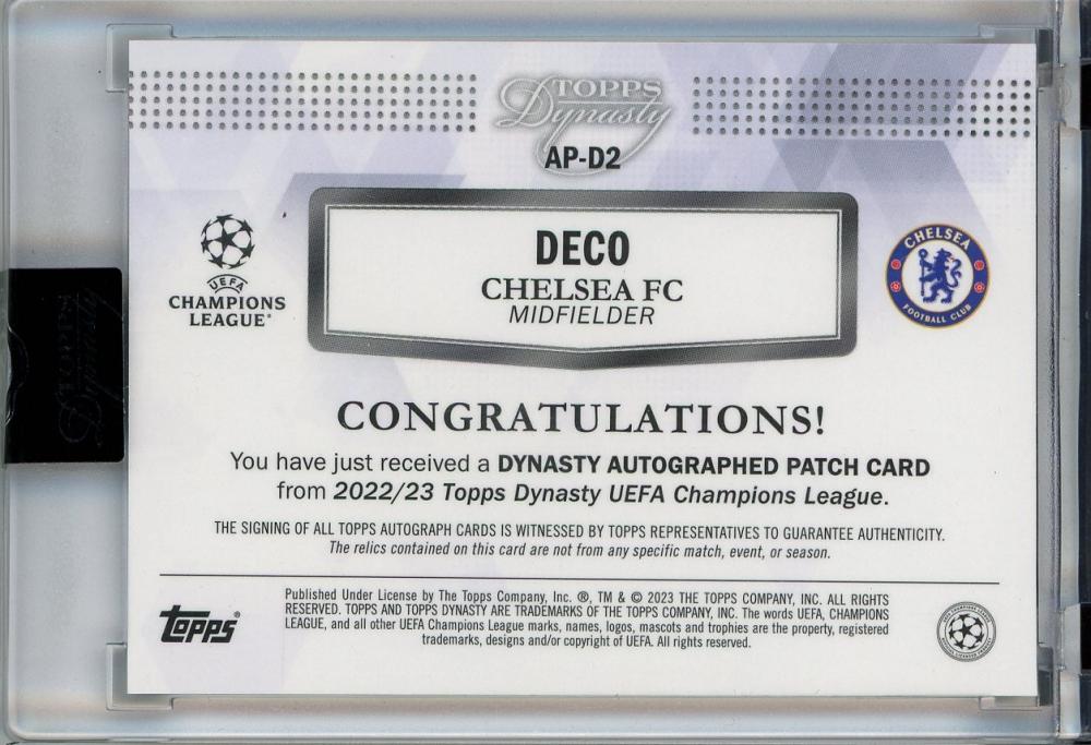 2022-23 Topps Dynasty UEFA Champions League Deco Autograph Patches card #APD206/10 featuring Chelsea FC