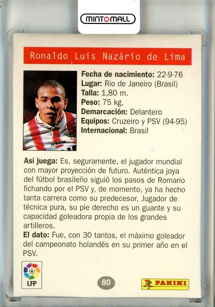 1996 Panini Estrellas Europeas Ronaldo #80 soccer trading card featuring Ronaldo