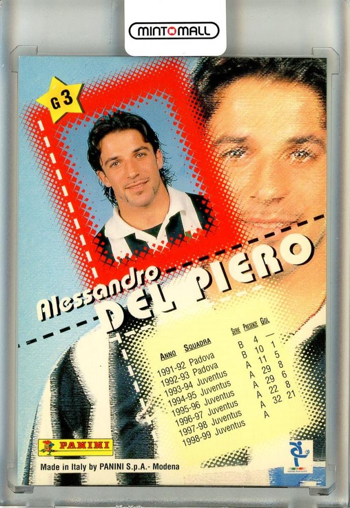 1999 Panini calcio trading card featuring Del Piero in Juventus kit with card number G3