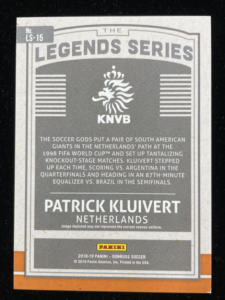 2018-19 Donruss Patrick Kluivert Netherlands Legends Series Blue Parallele Edition soccer card numbered 04/10
