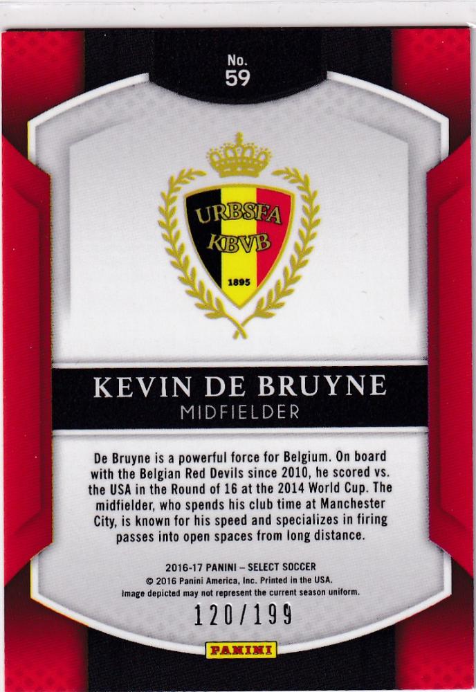 2016-17 Select Kevin De Bruyne #59 Prizm Red hockey card numbered 120 of 199