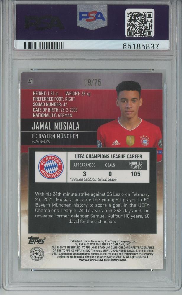 2020-21 Topps Stadium Club Chrome UEFA Champions League Jamal Musiala Base Green-Yellow Electric soccer card graded PSA8